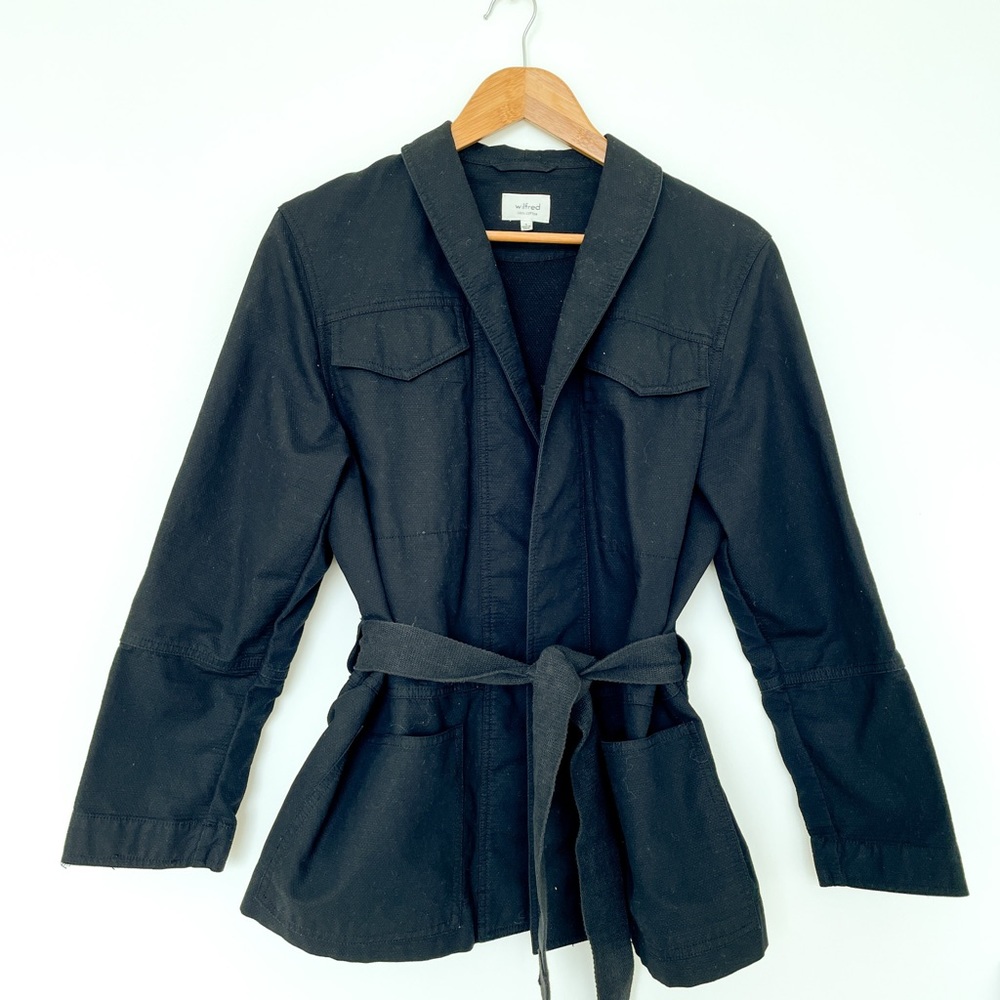 Wilfred Modern Utility Cargo Jacket Large Pockets w/ Adjustable Waist Tie